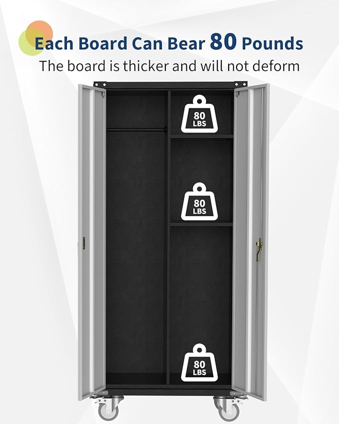 Metal Storage Cabinet with Lock-71 Tall Tool Organizer Steel Lockers w/Hanging Rod Metal Wardrobe Cabinet on Wheels for Home, Office, Warehouse, Garage