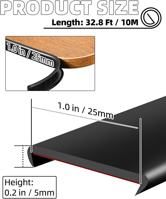 U-Shape Black TPE Edge Banding 32.8Ft Self-Adhesive Flexible Edge Trim, Furniture Edge Protector & Countertop Molding (W:1.0'' H:0.2'')