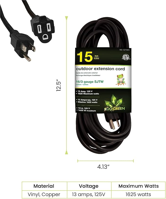 Go Green Power Inc. (GG-13715BK) 16/3 SJTW Outdoor Extension Cord, Black, 15 ft