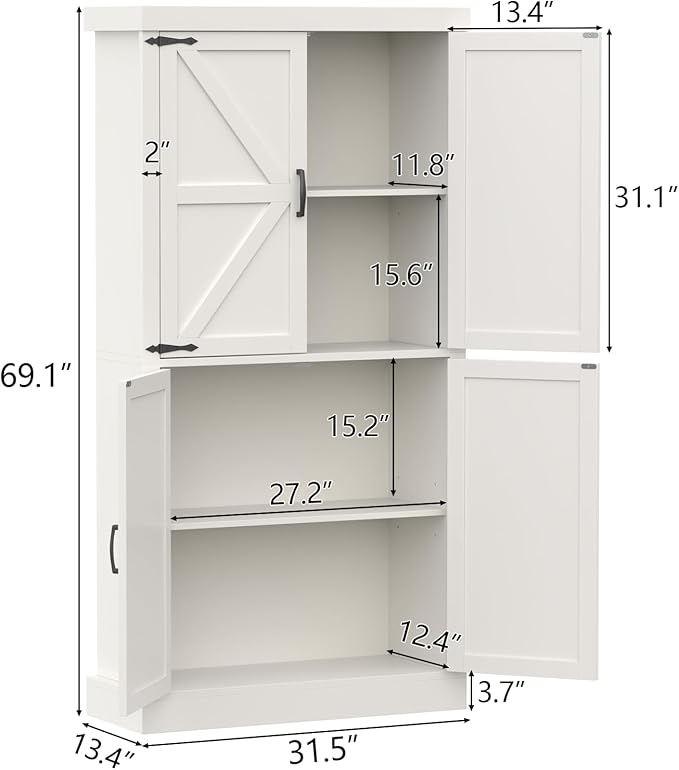 Farmhouse Kitchen Pantry Cabinet,69.1" Tall Kitchen Storage Cabinet with Adjustable Shelves,Modern Bathroom Storage Cabinets,Freestanding Floor Cabinets Cupboard for Living Room,Dining Room (White)
