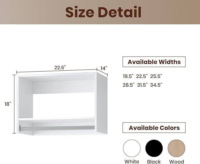 ROOMTEC 22.5" Tall Hanging Closet Unit, Modular Closet System with Hanging Rod, Wardrobe Organizer for Bedroom or Walk-in Closet, Wall Mounted, Customizable Clothes Storage Unit, White