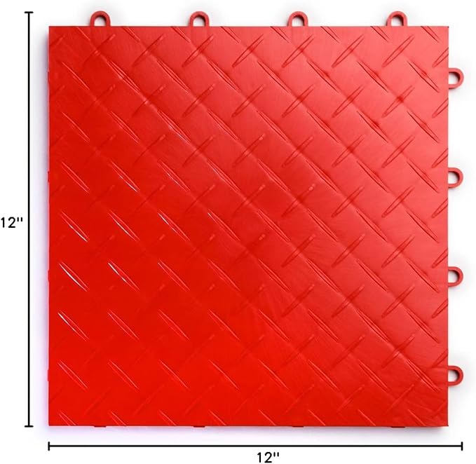 Big Floors RaceDeck Diamond Plate Design, Durable Interlocking Modular Garage Flooring Tile (Red, 12 Pack of 12 x 12" Tiles)