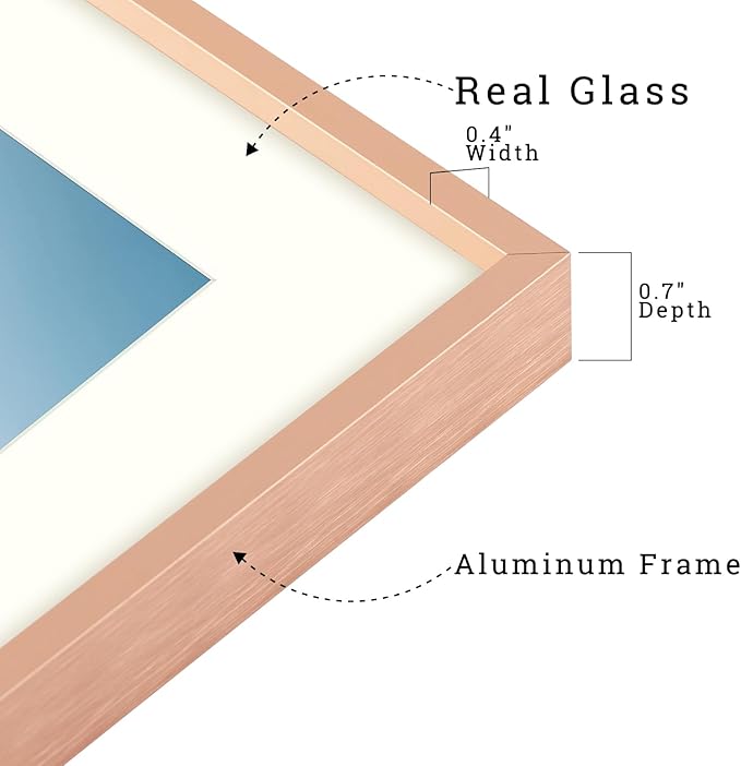Frametory, 18x24 Metal Picture Frame with Mat for 16x20 Picture & Real Glass, Aluminum Photo Frame Collection (Rose Gold, 1 Pack)