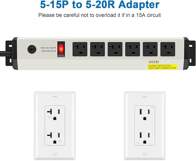 CCCEI 12 Gauge Heavy Duty Power Strip Surge Protector 4800J, 20 Amp 6 Plug Industrial Shop Garage Metal Multiple Outlets, 25 FT Extension Cord 5-15P Adapter High Amp 6-20R T-Slot 20a for Appliance.