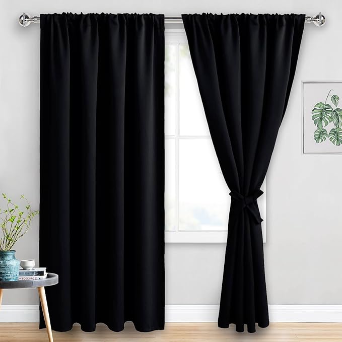 JIUZHEN Blackout Curtains for Bedroom - 60 Inch Extra Wide Thermal Insulated Room Darkening Privacy Soundproof Curtains for Living Room, Set of 2 Panels with Tiebacks, 60 x 84 inches, Black