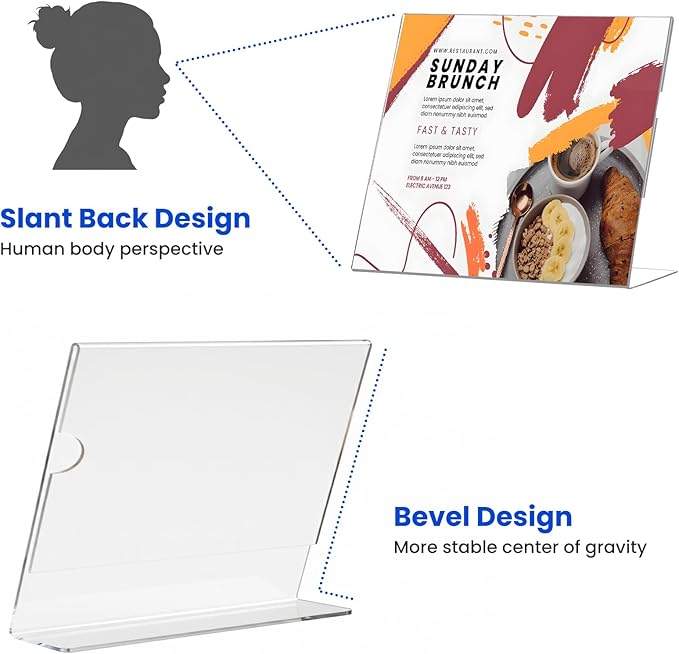 Horizontal Acrylic Sign Holder 5 x 7, L-Shape Clear Plastic Display Stand for Tabletop, Acrylic Stands for Flyers, Table Paper Holder, Vertical Sign Holder 5x7 for Restaurants, Office and School (Slant 6 Pack 7x5)