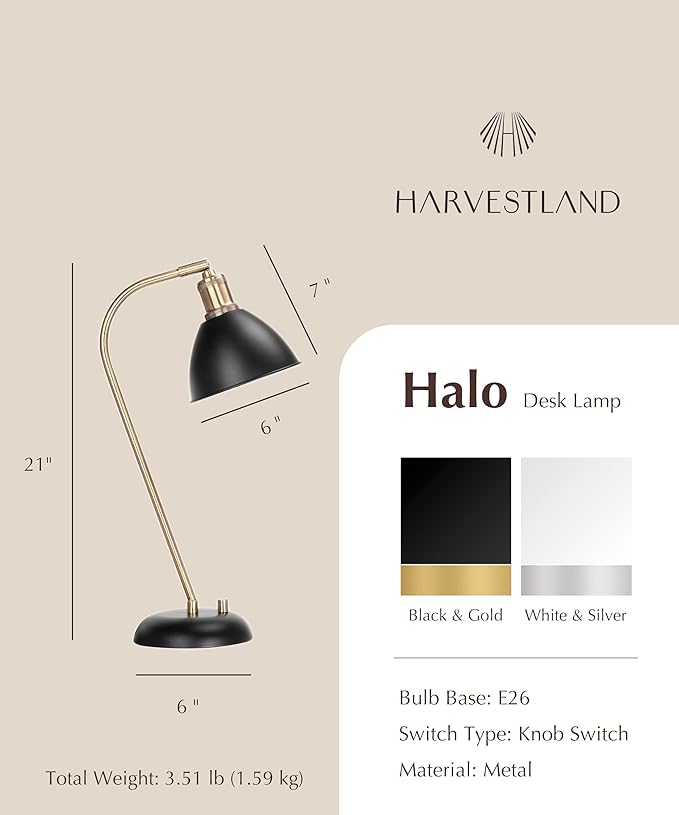 HarvestLand Halo Black and Brass Desk Lamp – Adjustable Desk Lamp with Metal, Industrial Table Lamp with Solid Base for Home Office, Bedside Table Lamps, Task Lamp, Reading lamp, Christmas Gifts