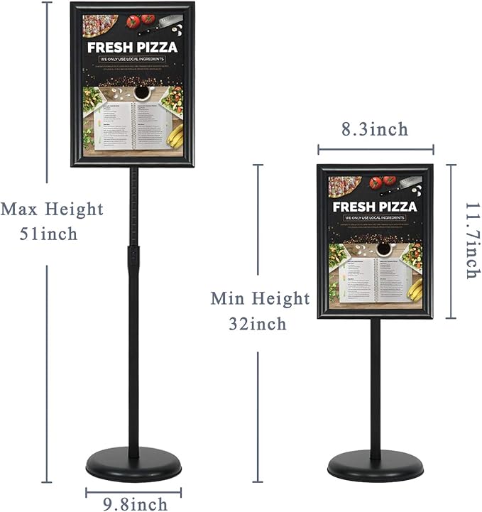 8.5 x 11 Inch Adjustable Pedestal Sign Poster Stand, Heavy Duty Floor Standing Sign Stand Aluminum Snap Open Display Frame for Vertical and Horizontal View Sign Displayed(Black)