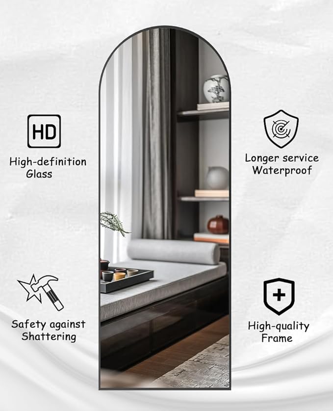 64"x21"Floor Mirror Arched Full Length Mirros, Mirror Floor Length Standing Hanging or Leaning & Large Full Body & Wall Mirror for Bedroom, Living Room, Aluminum Frame, Black