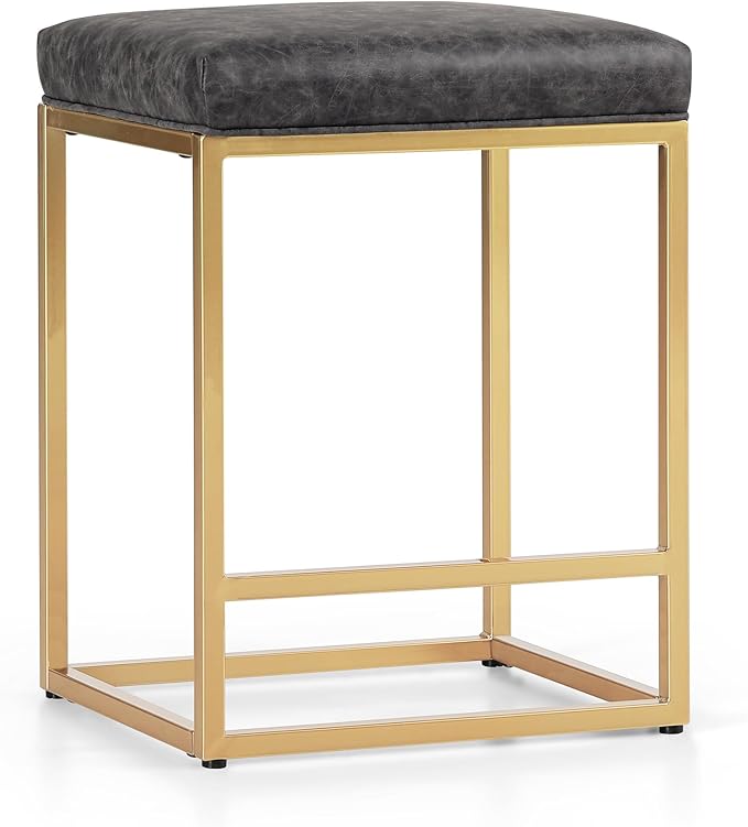MAISON ARTS 24 Inch Grey+Gold Counter Height Bar Stools Set of 2, Stain & Scratch Resistant PU Leather Seat, Sturdy Metal Frame, Easy Assemble, Ideal Space Saver