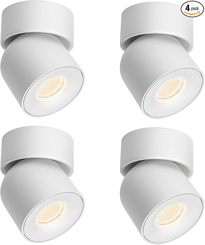 Aisilan 4 Packs LED Dimmable Adjustable 360° Ceiling Spotlight Directional Light Surface Mounted 9W 3000K Warm White Aluminum Wired Spots Light for Gallery Painting Hallway Corridor, White
