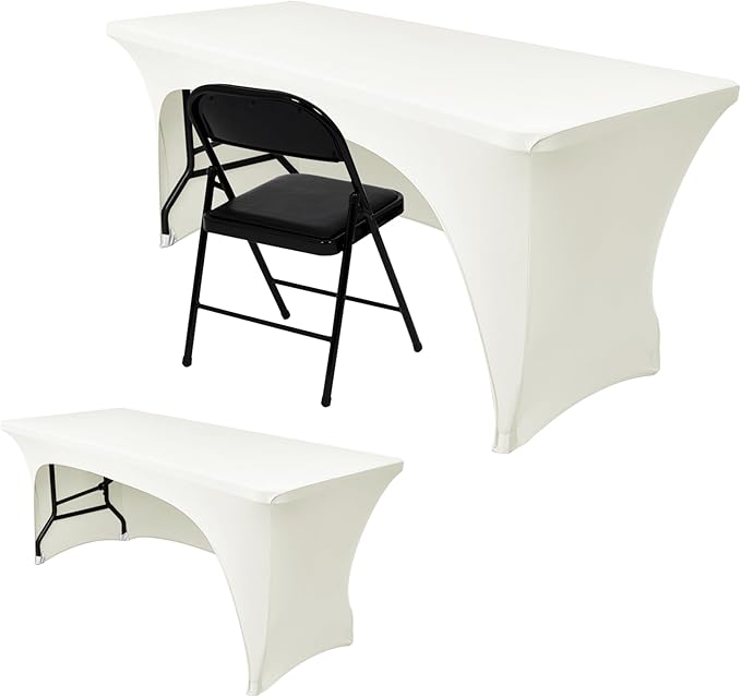 Nasitos 2 Pack Beige Table Cloth 6 Foot-Spandex Fitted Tablecloth Rectangle Tables, Open Back Stretch Folding Trade Show Table Covers Fabric Washable & Wrinkle Resistant for Parties, Wedding, Event