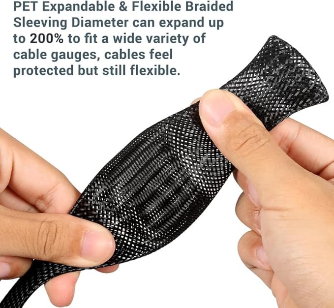 25Ft-3/8inch PET Expandable Braided Wire Sleeving,Wire Loom Cable Sleeve for TV,Computer,Home Theater,Automotive,Home Industrial,Electrical Wires,Chemical,Protect Cat from Chewing Cords,Black