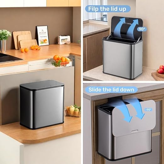 1.3 Gallon Hanging Trash Can with Lid, Stainless Steel Garbage Can with Inner Bucket and Charcoal Filter, Small Compact Trash Bin for Countertop or Under Sink