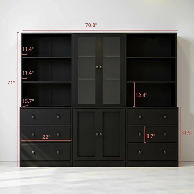 TUSY 71" H Bookshelf Bookcase with Doors, 3-Tier Modern Bookshelves with 3 Large Drawer, Display Bookcase with Glass Doors, Modern 5-Tier Curio Cabinet for Home Office, Dining Room (Black, BAB)