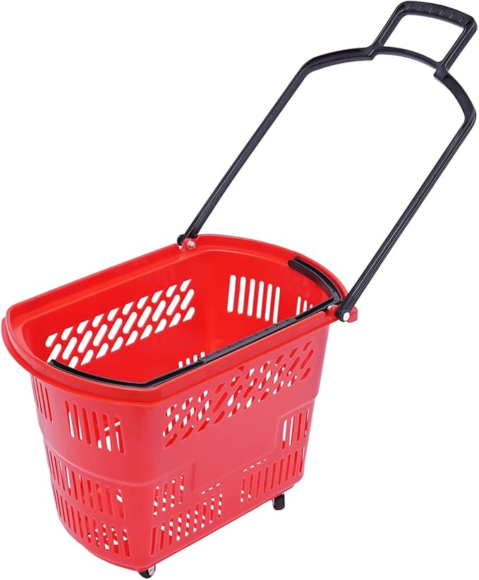 6PCS Shopping Carts with Wheels, 35L Portable Shopping Baskets Set with Handles Grocery Basket for Retail Store, Supermarket, Grocery |19" x 13.7" x 14" (Red)