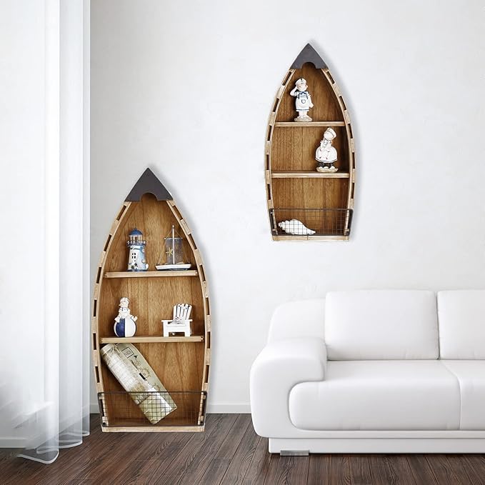 Aecipl Solid Wood Boat Shelf Decorative Nautical Wall Decor Beach Themed Bookcase Large Wooden 3-Tier Display Shelves for Home Kitchen Bedroom Living Room (31.4"+23.5" H)