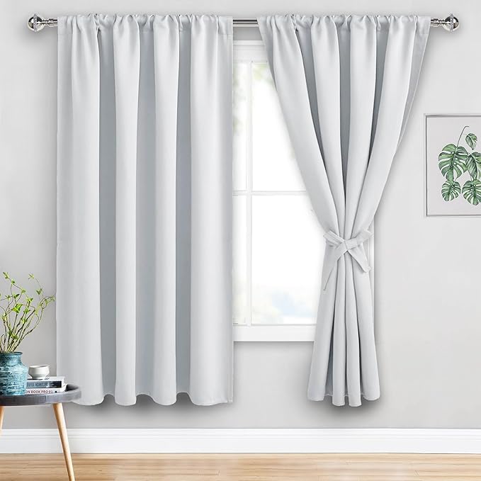 JIUZHEN Blackout Curtains for Bedroom - 70 Inch Extra Wide Thermal Insulated Room Darkening Privacy Soundproof Curtains for Living Room, Set of 2 Panels with Tiebacks, 70 x 63 inches, Greyish White