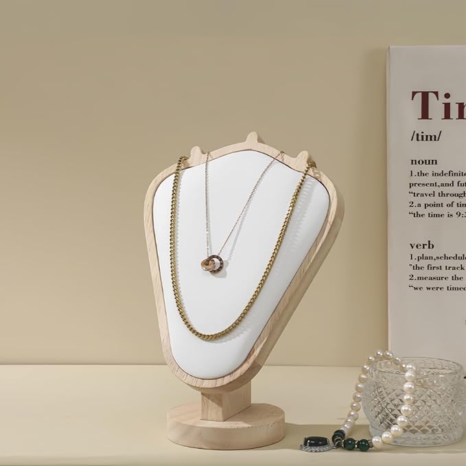 Natural Body Wood Necklace Display Stand with White Leather Soft Mat Necklace Holder Organizer Desktop Stand for Home Store Dresser-3.3"x5.8"x8.4"