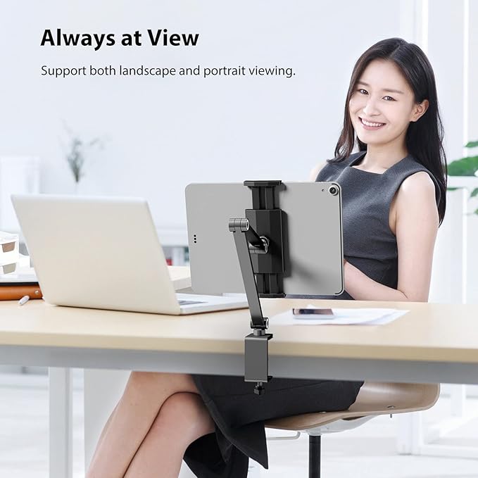 BEWISER iPad Desk Mount, Tablet Stand Holder for Desk or Bed,Rotate 360 Degrees of Flexible, Height and Angle Adjustable, Aluminium Alloy Arm Clamp Mount Compatible with4.7-15.6" Screen (Space Gray)