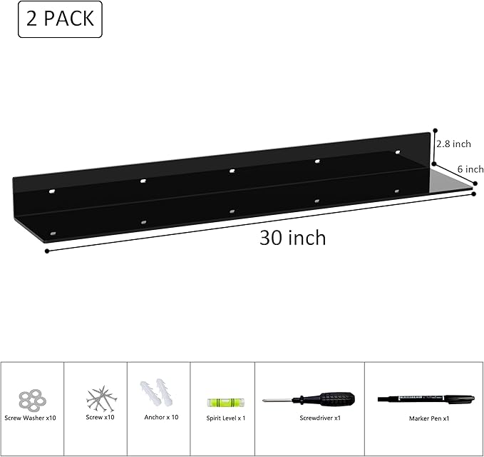 30 Inches Acrylic Long Wall Shelf Set of 2, Black Wall Mounted Acrylic Bathroom Storage Shelves Display Organizer, 2 Pack(30 Inch)