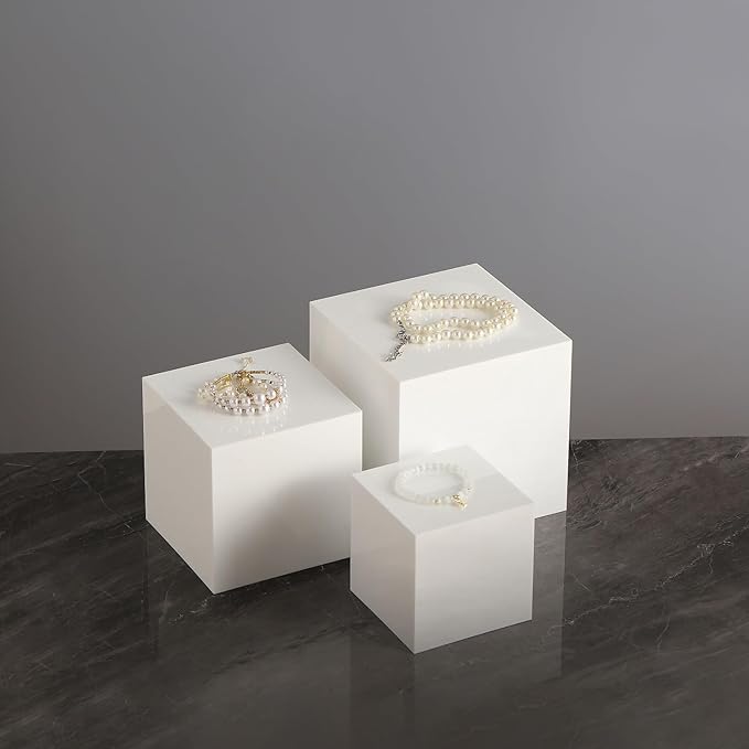 Glossy White Acrylic Cubes Display Nesting Risers,for displays and photography,displaying jewelry, cosmetics, figures,for retail counter,exhibition, Set of 3(4",5",6" cubes) (Glossy White)