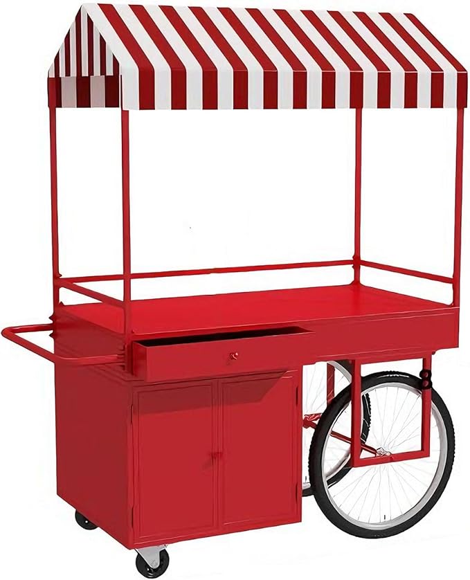 Food Cart for Business with Striped Canopy, Mobile Display Stand with Storage Drawers, for Street Food, Farmers Markets, Outdoor Events (Red, 47.24 * 27.56 * 78.74in)