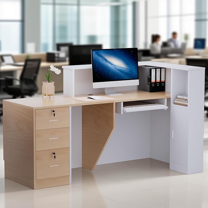 L-Shaped Modern Reception Desk with Counter & Storage - 71" Large Office Front Desk, Salon Checkout Counter with Lockable Cabinets, Shelves(Oak & White, Left - 71''L x 34''W x 41''H)