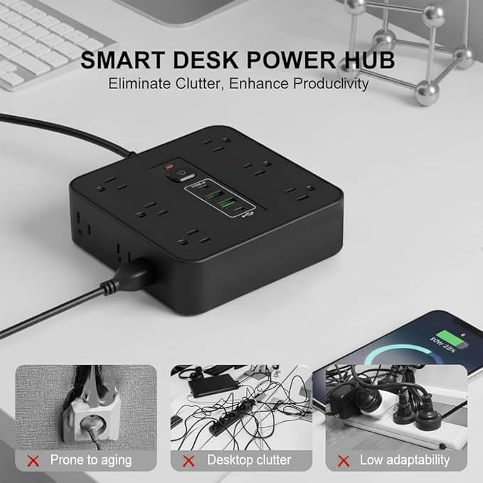 16-in-1 Power Strip with Switch & Surge Protection, Travel Extension Cord with USB Ports, Outlet Electrical Extender, 6.5FT Extension Cord On/Off Switch, 16 Outlet USB-C Power Strip(Black)