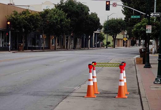 Cone-Mounted Retractable Belt Barrier with Orange Case and 25 Foot Black/Yellow Belt