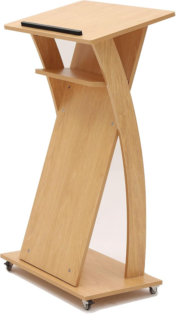 Mobile Wooden Podium Stand with Wheels Lectern Oak Color 16MM Wood Board Elegant Design Wooden Pulpit for Churches Seminars and Schools
