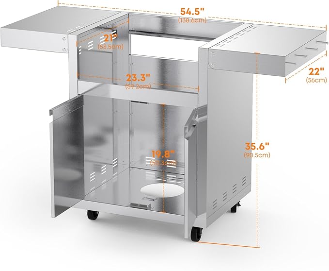 Stainless Steel Grill Cart for Hygrill 3-Burner Built-In Gas Grill, Outdoor Kitchen Island with Foldable Side Shelves and Storage Cabinet