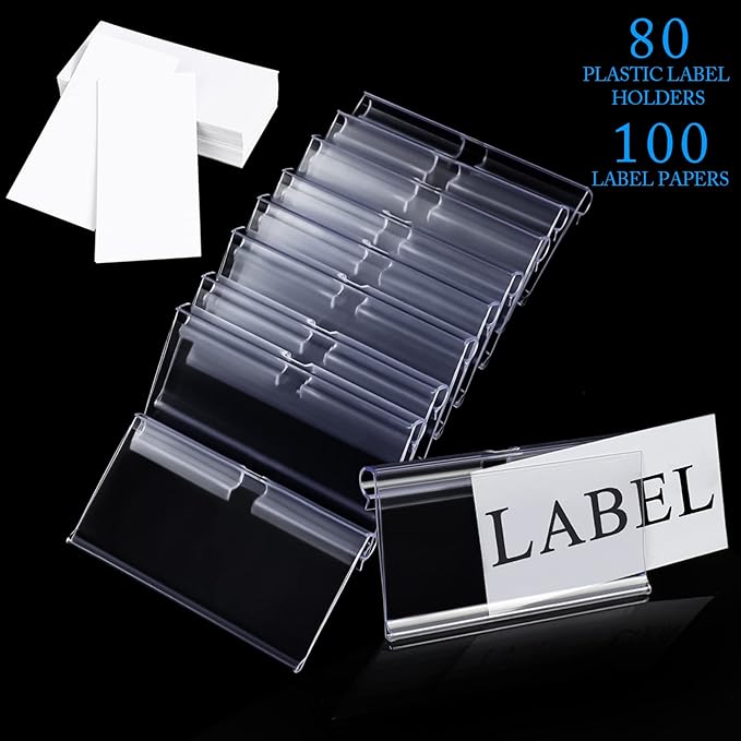 80pcs Plastic Label Holder Retail Sign PVC Clear Shelf Label Holder on Hook (Includes 100 Pieces Label Inserts) (1.65H*3.15L inch / 4 * 8 cm)