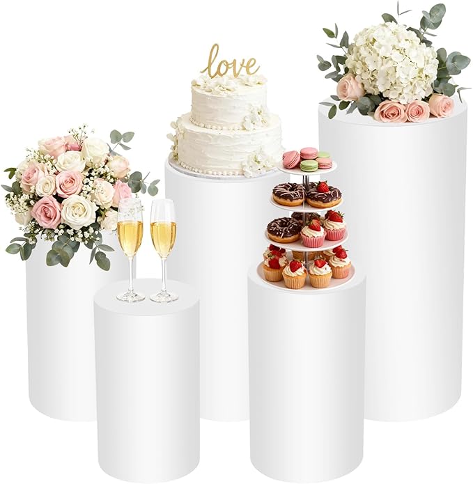 Cylinder Stands for Party, 5Pcs Round Pedestal Stand, Foldable White Round Large Columns Tables, Plinth Pillars for Parties Baby Shower Birthday Wedding Display Decoration Ceremony Art Decor