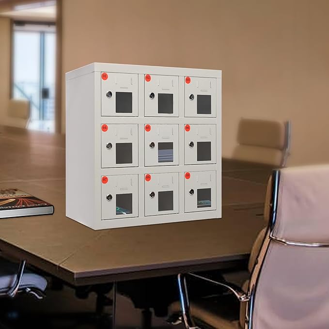 9 Slots Cell Mobile Phone Steel Locker with Lock, Cell Phone Locker with Charging Station, Cellphone Locker for Schools, Conference Rooms, and Offices