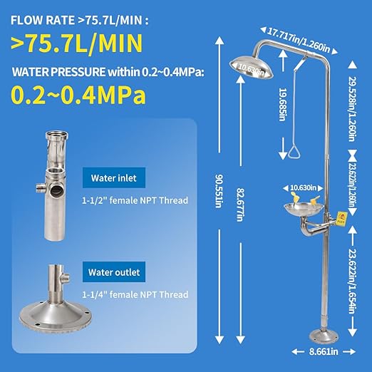 Combination Eye Wash Station, Emergency Eyewash Stations OSHA Approved 304 Stainless Steel Eyewash Shower Station for Industrial & Commercial & Lab Use,NPT Thread, with Emergency Sign
