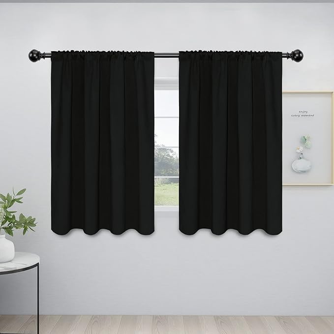 Easy-Going Rod Pocket Blackout Curtains for Bedroom, Room Darkening Window Curtains for Living Room, Thermal Insulated Noise Reduction Solid Window Drapes, 2 Panels(42x45 in, Black)
