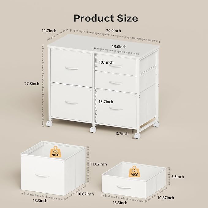 Lateral File Cabinet with 5 Drawers Rolling Filing Cabinets Under Desk Storage Printer Stand with Wheels,Mobile File Cabinet for Home Office,White