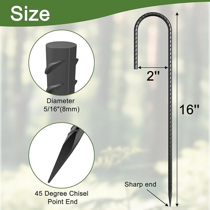 16 Inch J Hook Rebar Stakes 10 Pack, Heavy Duty 5/16 Inch Diameter Black E-Coated Steel Wind Resistant Ground Anchors for Trampoline, Bounce House, Dog Kennel, Chain Link Fence & Gazebo