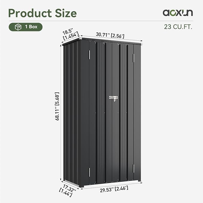 Aoxun 31x19 in Outdoor Storage Cabinet Metal Garden Shed with 2 Adjustable Shelves 3 Layer Indoor& Outdoor Waterproof Vertical Storage Shed for Patio Garden, Garage, Porch (Black, 22 Cu.Ft)