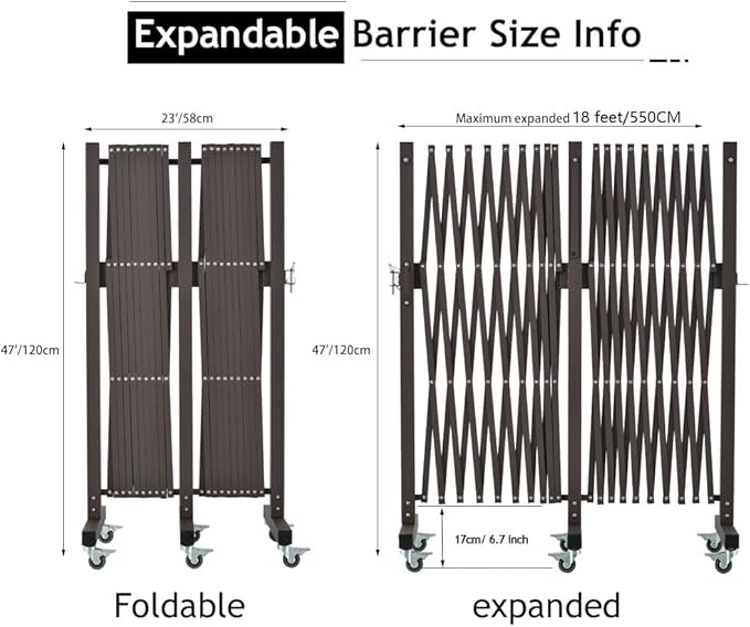 GYMTIME Industrial Expandable Metal Barricade, Safety Barrier with Casters, Flexible Mobile Folding Gate, Adjustable Traffic Fence for Warehouse, Shopping mall, Garden, Brown, 18 Feet, 47 inch High