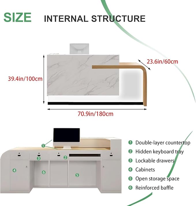 Modern Reception Desk with Counter Front Reception Table with Hidden LED Lighting Commercial Receptionist Desk White and Wood Checkout Counter Fully Assembled and Ready to Use 71inch/180cm