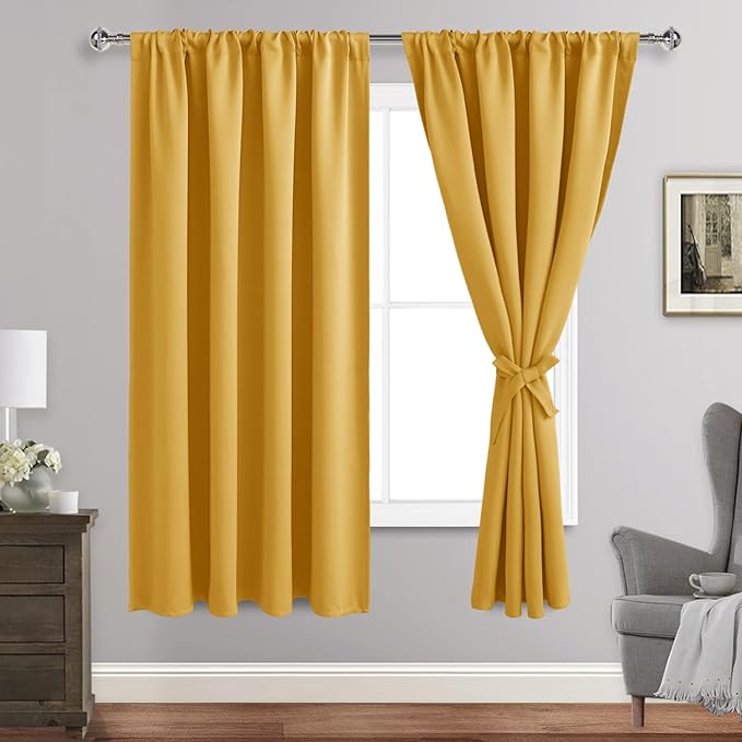 JIUZHEN Blackout Curtains for Bedroom - Thermal Insulated Room Darkening Noise Reducing, 52 x 63 Inch Length Curtains for Living Room, Set of 2 Panels with Tiebacks, Mustard Yellow