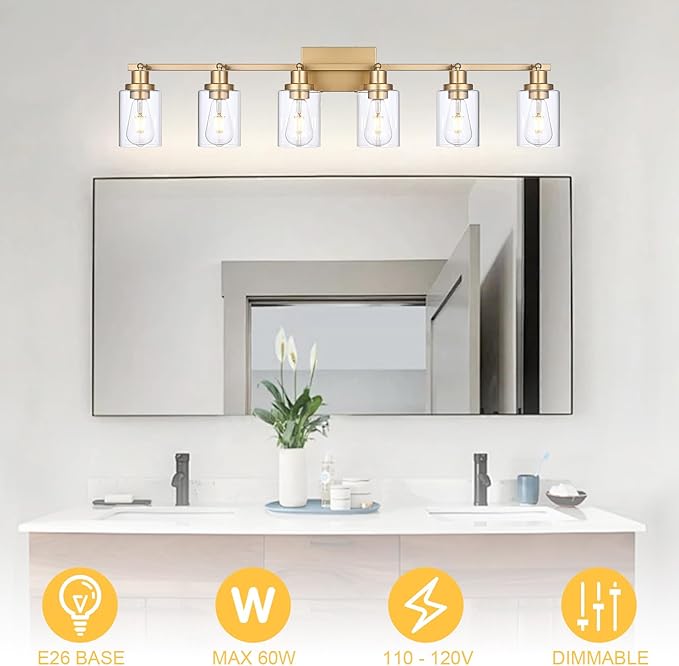 6-Light Track Lighting Kits Gold, Multi-Directional Rotating Kitchen Tracking Light Heads with Clear Glass, Modern Track Lighting Fixture Ceiling Vanity Lights for Bathroom Island Accent Shop