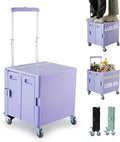 Folding Utility Cart Portable Rolling Crate Handcart Shopping Trolley Collapsible Tool Box, with Lid, on Rotate Wheels, for Grocery, Shopping, Office, Teacher, Camp,File (Purple)