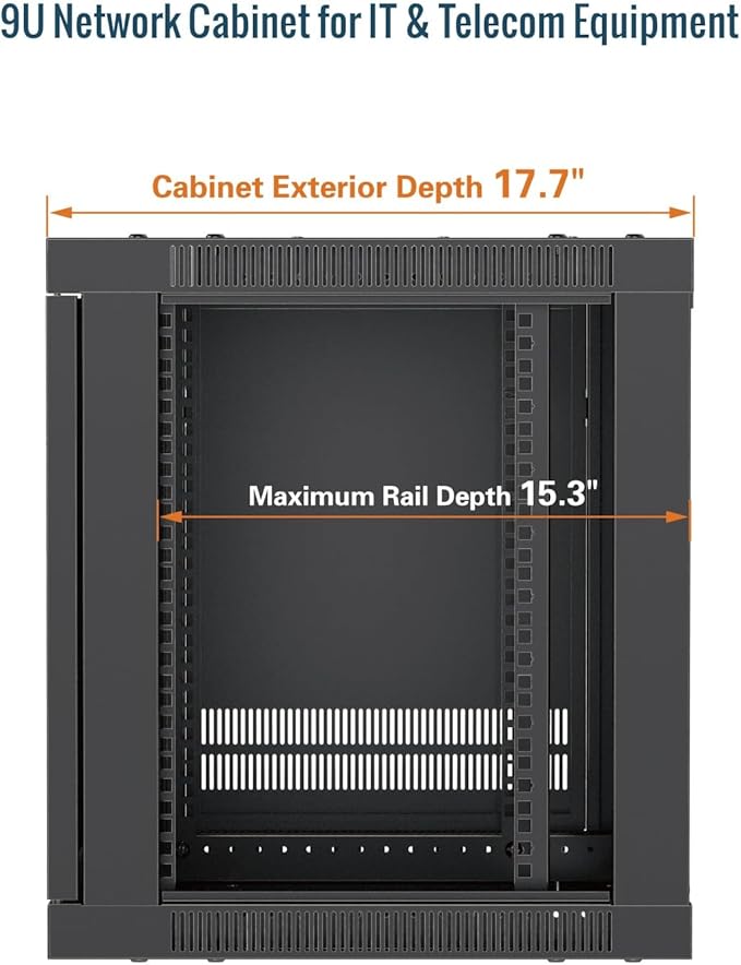 Tecmojo 9U Wall Mount Rack Cabinet, Heavy-Duty 176 Lbs High Load Capacity, 19” Enclosed Server Network Rack with Glass Door, 17.7” Deep – Elite Collection