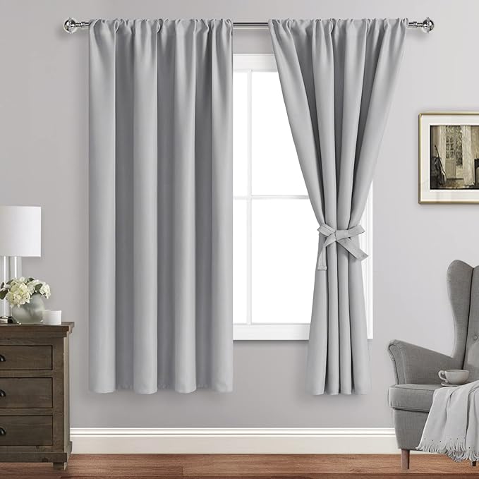 JIUZHEN Blackout Curtains for Bedroom– Thermal Insulated,Noise Reducing Room Darkening Rod Pocket Curtains for Living Room, Set of 2 Panels with Tiebacks, 42 x 63 inch Long, Silver Grey