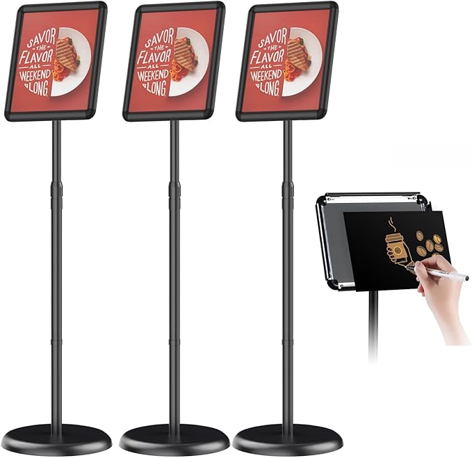 Pedestal Floor Stand Sign Holder for 8.5x11 inches Poster or chalk board, Snap open frame,360° Rotation,Outdoor Indoor Standing Display Sign Holders for commerical, directional, Black 3 Pack