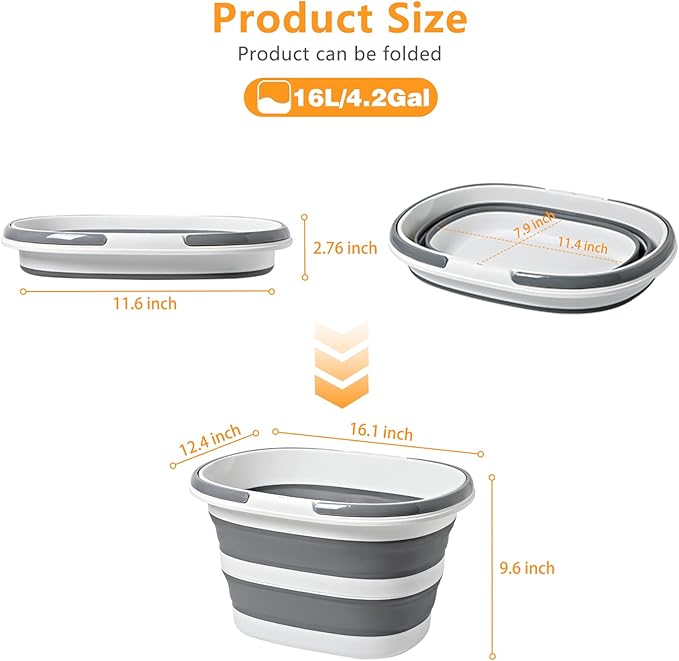 Large Collapsible Bucket 16L Two-Pack - Upgraded, Lightweight & Portable Water Bucket for House Cleaning, Camping, Storage - Space-Saving & Multiuse Cleaning Mop Bucket - Grey (2 Pack)