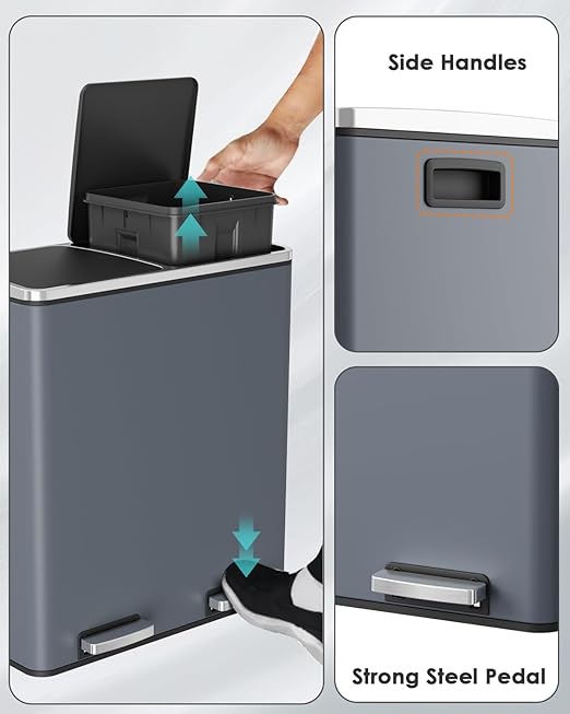 Arlopu Dual Trash Can, 2 x 8 Gallon (2 x 30 L) Hands-Free Trash and Recycle Bin Combo, Stainless Steel Kitchen Garbage Can with Soft-Close Lid, Removable Inner Buckets, Step Pedal, Airtight (Grey)